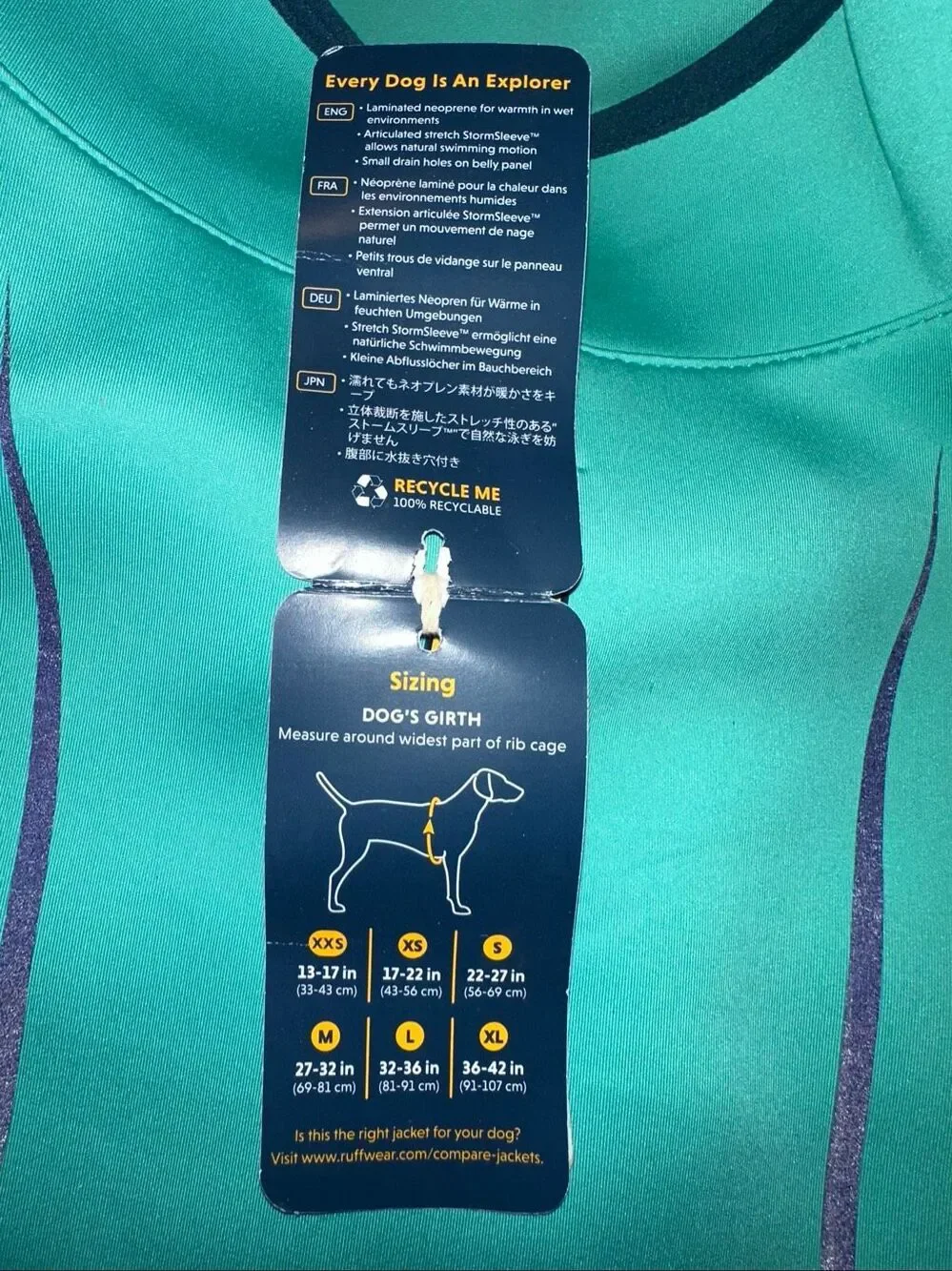 NWT! Ruffwear Undercoat Dog  Water Jacket Aurora Teal Sz Large Lg 32-36 IN